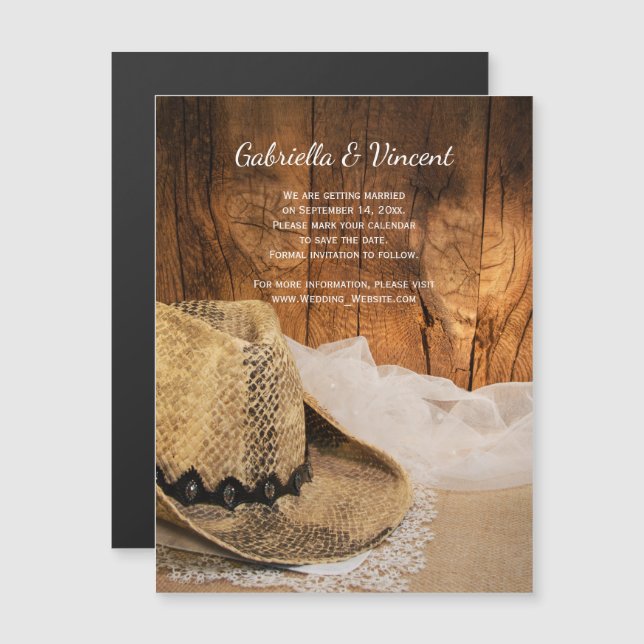 Cowboy Hat Barn Wood Western Wedding Save the Date Magnetic Invitation (Front/Back)