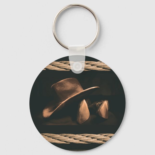 Cowboy hat, boots and rope western style masculine key ring (Front)