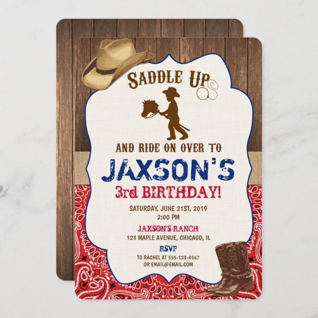 Cowboy hat boots rustic boy birthday invites (Front/Back)