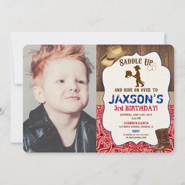 Cowboy hat boots rustic boy birthday photo invitation (Front)