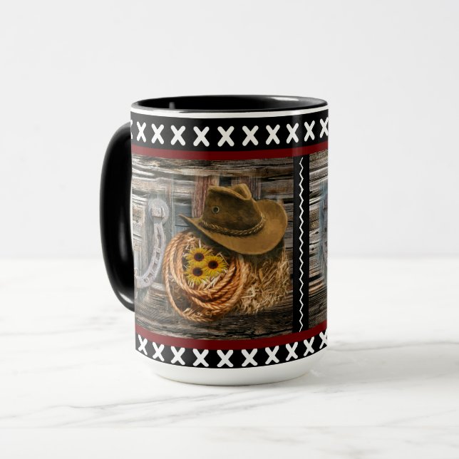 Cowboy Hat Horseshoe Lasso Rustic Barn Wood Mug (Front Left)