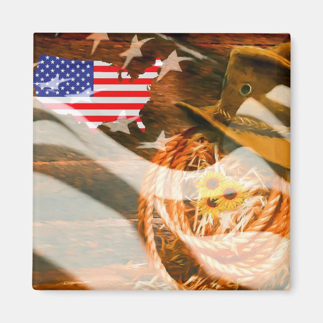 Cowboy Hat Lasso American Flag Sunrays Magnet (Front)