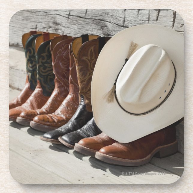Cowboy hat on row of cowboy boots outside a log coaster (Front)
