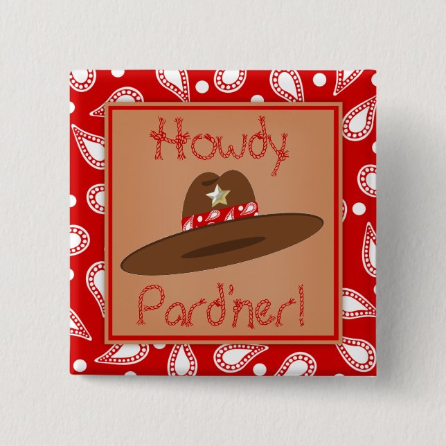 Cowboy Hat Red Bandanna Birthday Party Favour 15 Cm Square Badge (Front)