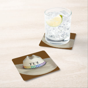 Cowboy hat rhinestones & party name of your choice square paper coaster