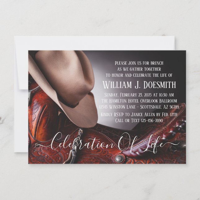 Cowboy Hat Saddle Funeral Memorial Service Invitation (Front)