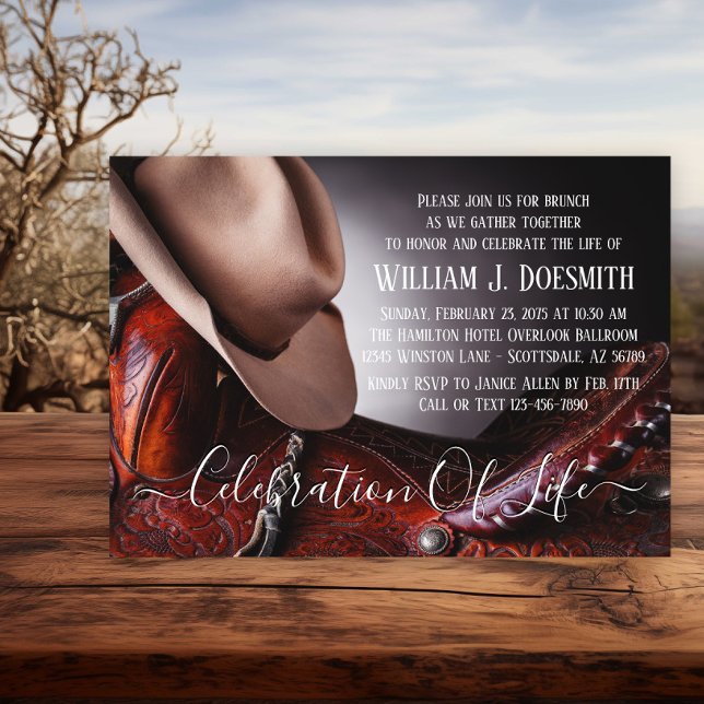 Cowboy Hat Saddle Funeral Memorial Service Invitation (Hat and saddle memorial invitation. Simply add your event details.)