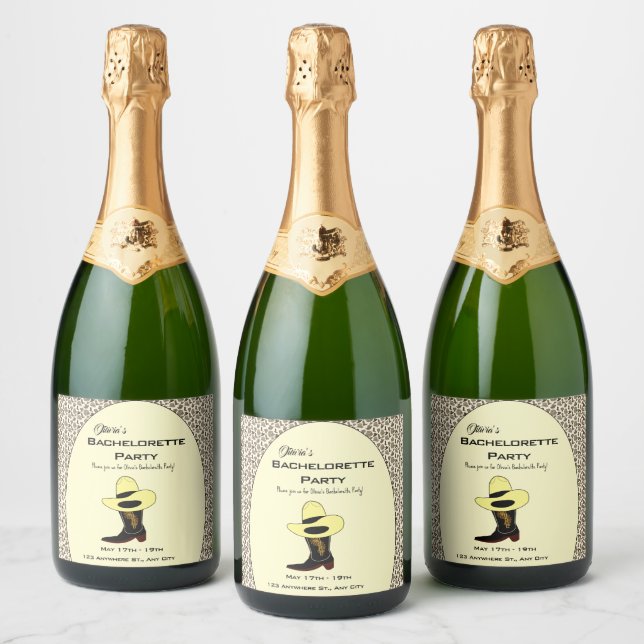 Cowboy Hat Shoes Pattern Bachelorette Party Sparkling Wine Label (Bottles)