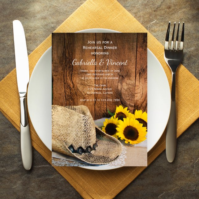 Cowboy Hat Sunflower Barn Wedding Rehearsal Dinner Invitation (Creator Uploaded)