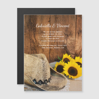 Cowboy Hat, Sunflowers Barn Wedding Save the Date Magnetic Invitation