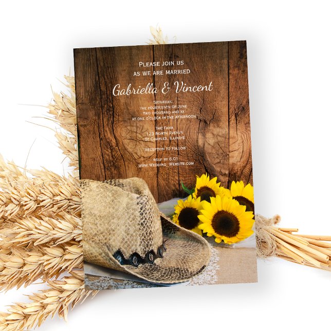 Cowboy Hat, Sunflowers Barn Wood Country Wedding Invitation (Creator Uploaded)