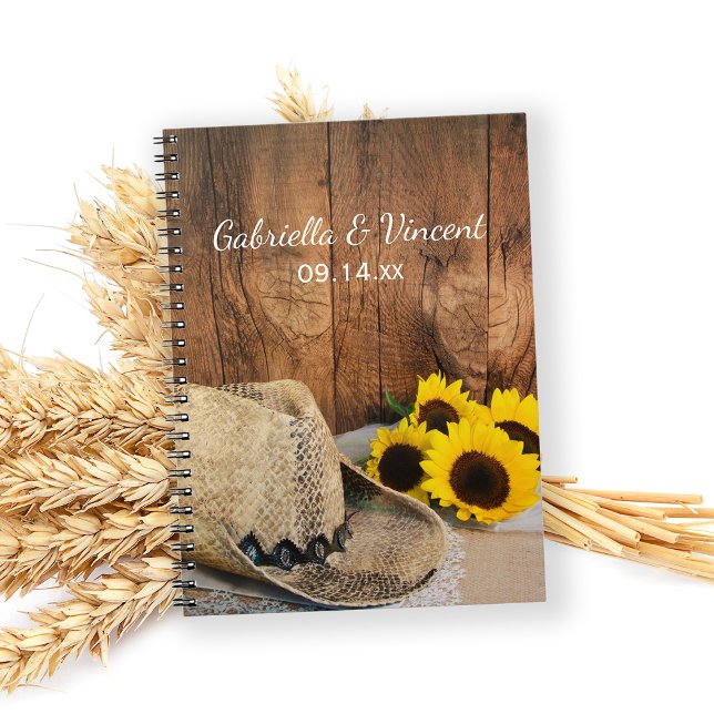 Cowboy Hat, Sunflowers, Barn Wood Country Wedding Spiral Notebook (Creator Uploaded)