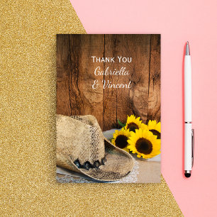 Cowboy Hat, Sunflowers Barn Wood Wedding Thank You Card