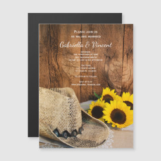 Cowboy Hat, Sunflowers Barn Wood Western Wedding Magnetic Invitation