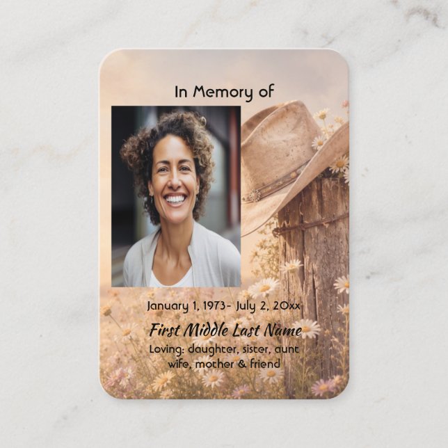 Cowboy Hat Western Memorial Prayer Keepsake Business Card (Front)