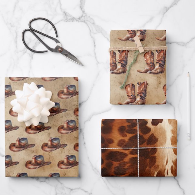 Cowboy Hats Boots Cowhide Wrapping Paper Sheet (Front)