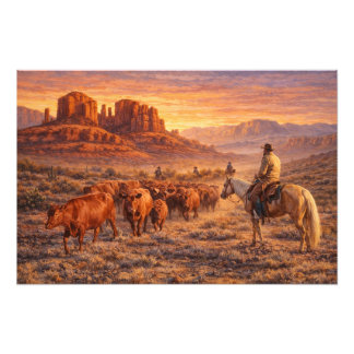 Cowboy Herding Cows at Sunset Photo Print