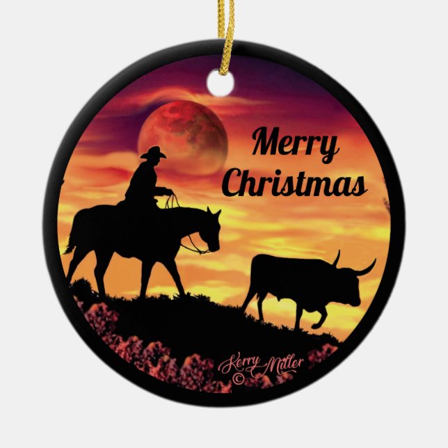 Cowboy Herding Longhorn Steer Ceramic Tree Decoration (Front)