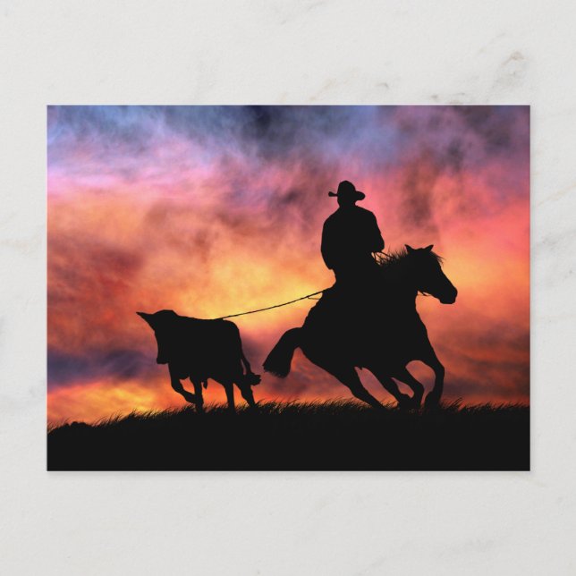 Cowboy Horse and Steer Roping in Sunset Postcard (Front)