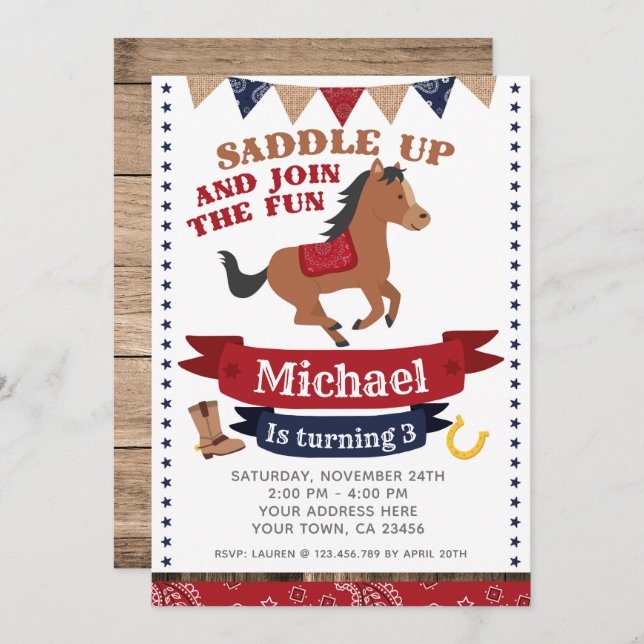 Cowboy, Horse Birthday Invitation (Front/Back)