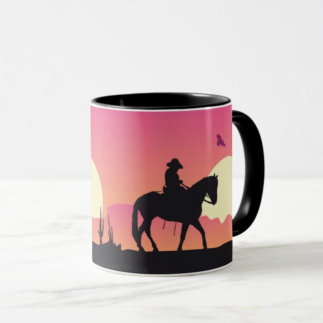Cowboy Horse Pink Sunset Desert Mug (Front Right)