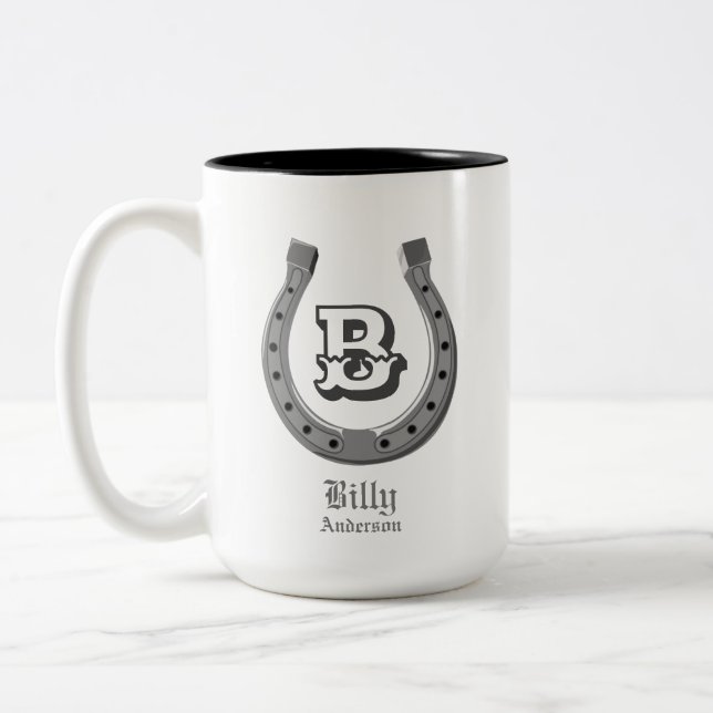 Cowboy Horse Shoe Personalised Monogram Two-Tone Coffee Mug (Left)
