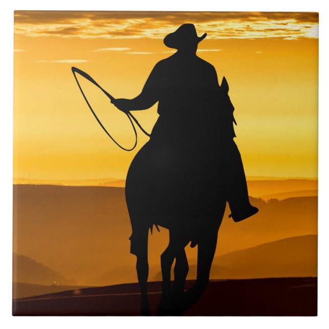 Cowboy Horse Sunset Silhouette Tile (Front)