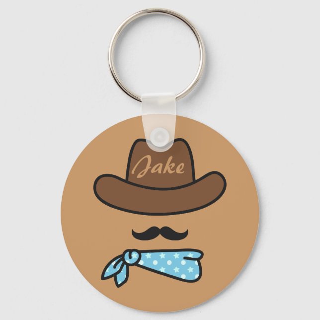 Cowboy Icon with Moustache Personalised Keychain (Front)