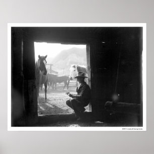 Cowboy in a doorway with horses poster
