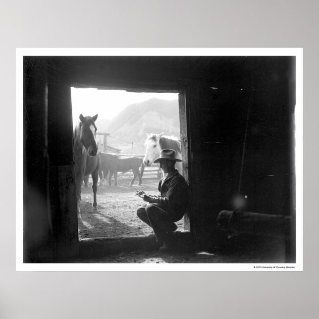 Cowboy in a doorway with horses poster (Front)