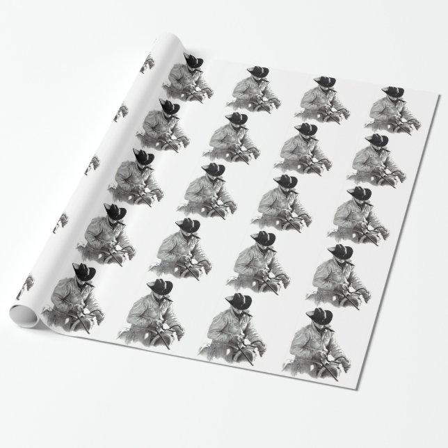 Cowboy in Saddle: Original Pencil Drawing Wrapping Paper (Unrolled)