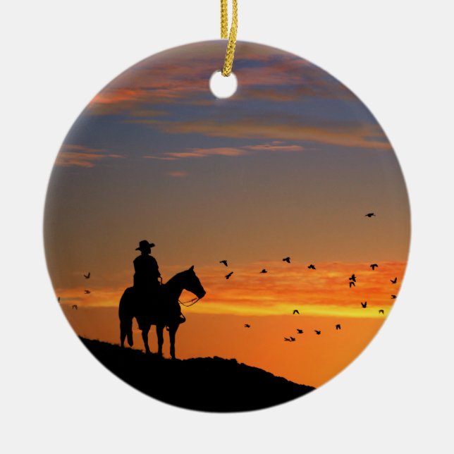 Cowboy in Sunset Ceramic Tree Decoration (Front)
