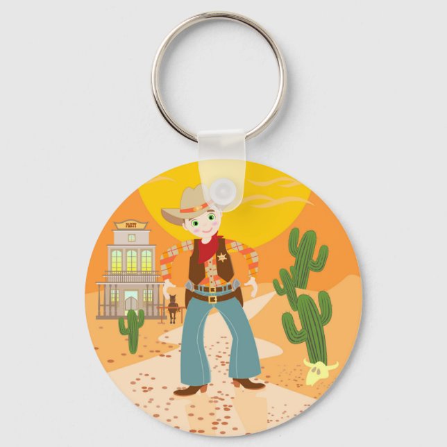 Cowboy kid birthday party key ring (Front)
