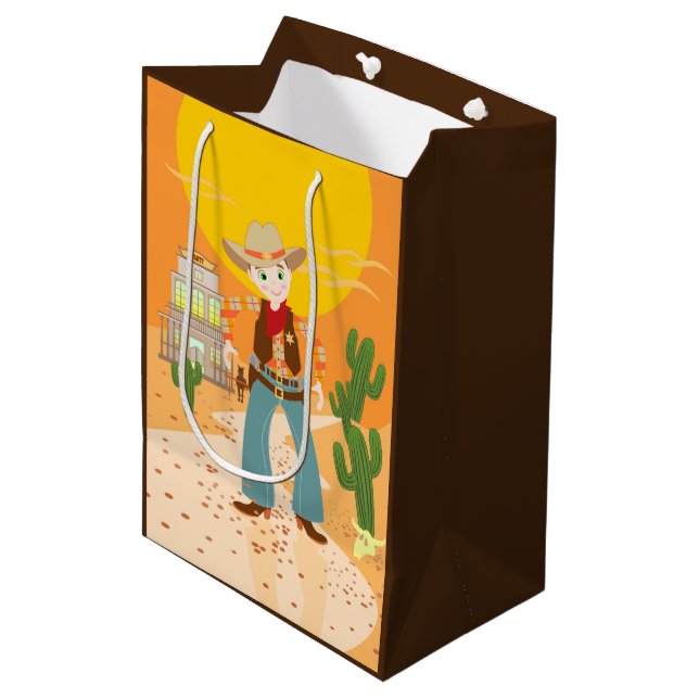 Cowboy kid birthday party medium gift bag (Front Angled)