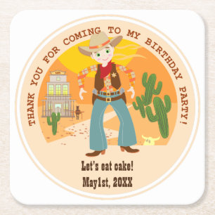 Cowboy kid birthday party square paper coaster