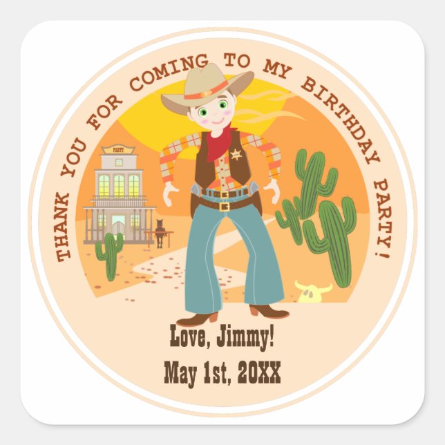 Cowboy kid birthday party square sticker (Front)
