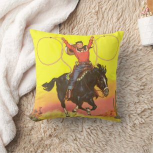 Cowboy Kid On Horse With Ropes in S.W. Scene Cushion