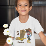 Cowboy Kids Birthday Party Custom Hispanic Boy T-Shirt<br><div class="desc">A cute customised cowboy birthday party t-shirt featuring a Hispanic or African American farm kid leaning against a giant cowboy boot tipping his brown hat with a yellow star. A great country child tee personalised with their name and custom age.</div>