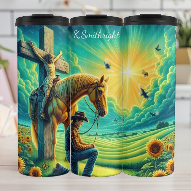 Cowboy Kneeling Before Jesus on Cross Horse Thermal Tumbler (Creator Uploaded)