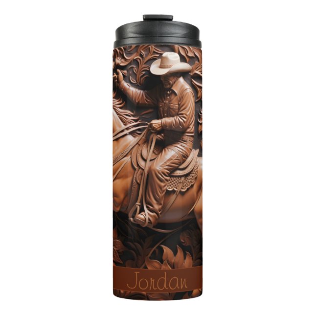 Cowboy Leather Look Brown Horse Thermal Tumbler (Front)
