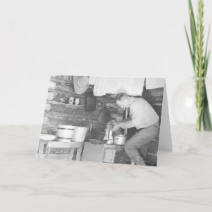 Cowboy making coffee inside the bunkhouse card