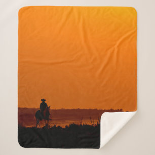 Cowboy Men horse riding at sunset Vintage west Sherpa Blanket