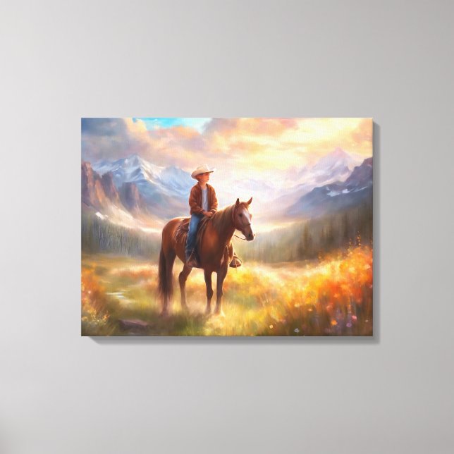 Cowboy Mountain Horseback Boy's Bedroom Art Canvas Print (Front)