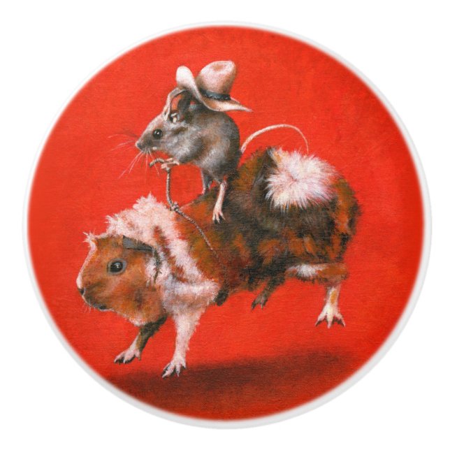 Cowboy Mouse Riding Guinea Pig Ceramic Knob (Front)