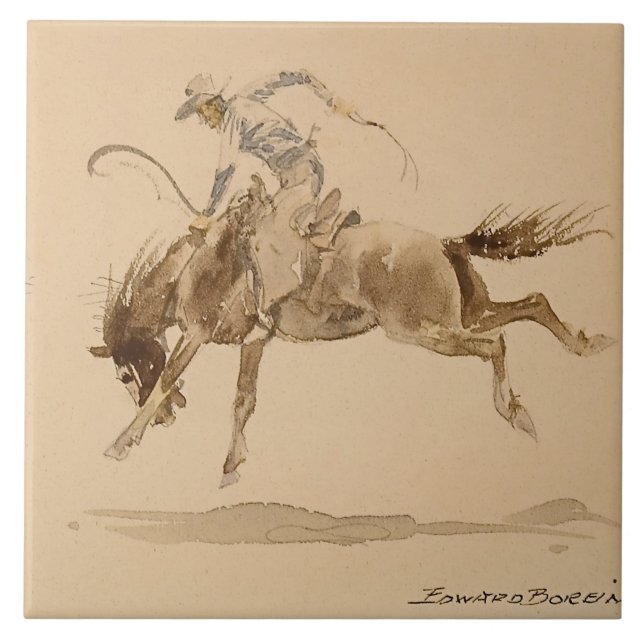 Cowboy on a Bucking Horse by Edward Borein Tile (Front)