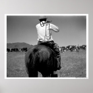 Cowboy on a horse with two brands. poster