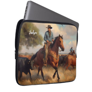 Cowboy on Bay Horse and Cattle Laptop Sleeve