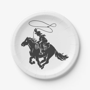 Cowboy on bucking horse running with lasso paper plate