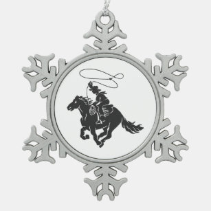 Cowboy on bucking horse running with lasso snowflake pewter christmas ornament