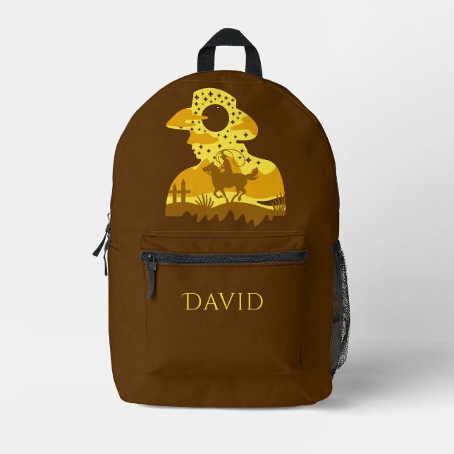 Cowboy on Horse Lasso Brown Personalised Printed Backpack (Front)